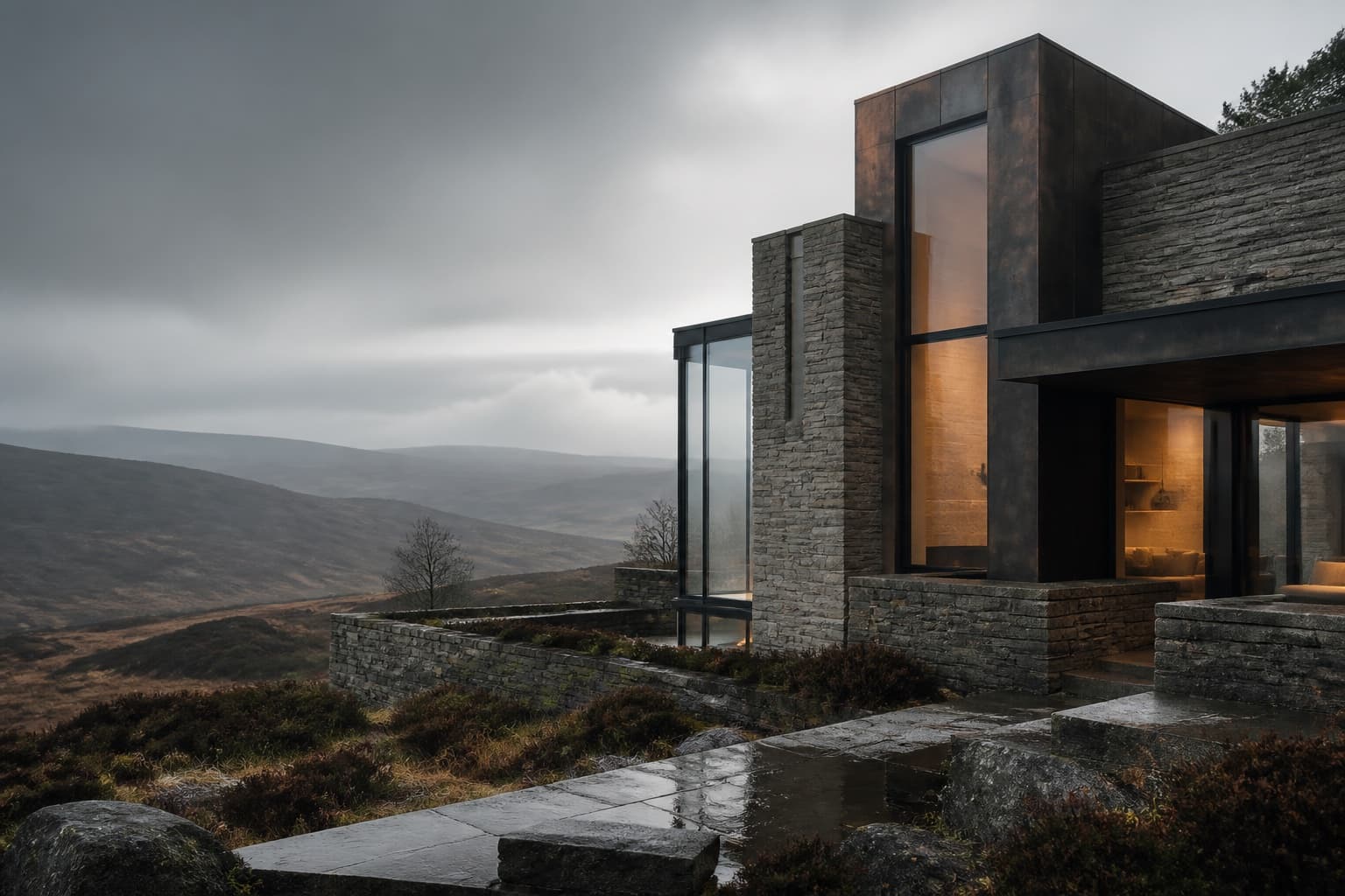 Conceptual Yorkshire gritstone and glass architecture in a moorland landscape